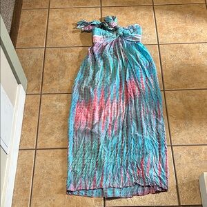 Turquoise and Pink Tie Dye Strapless Maxi Dress